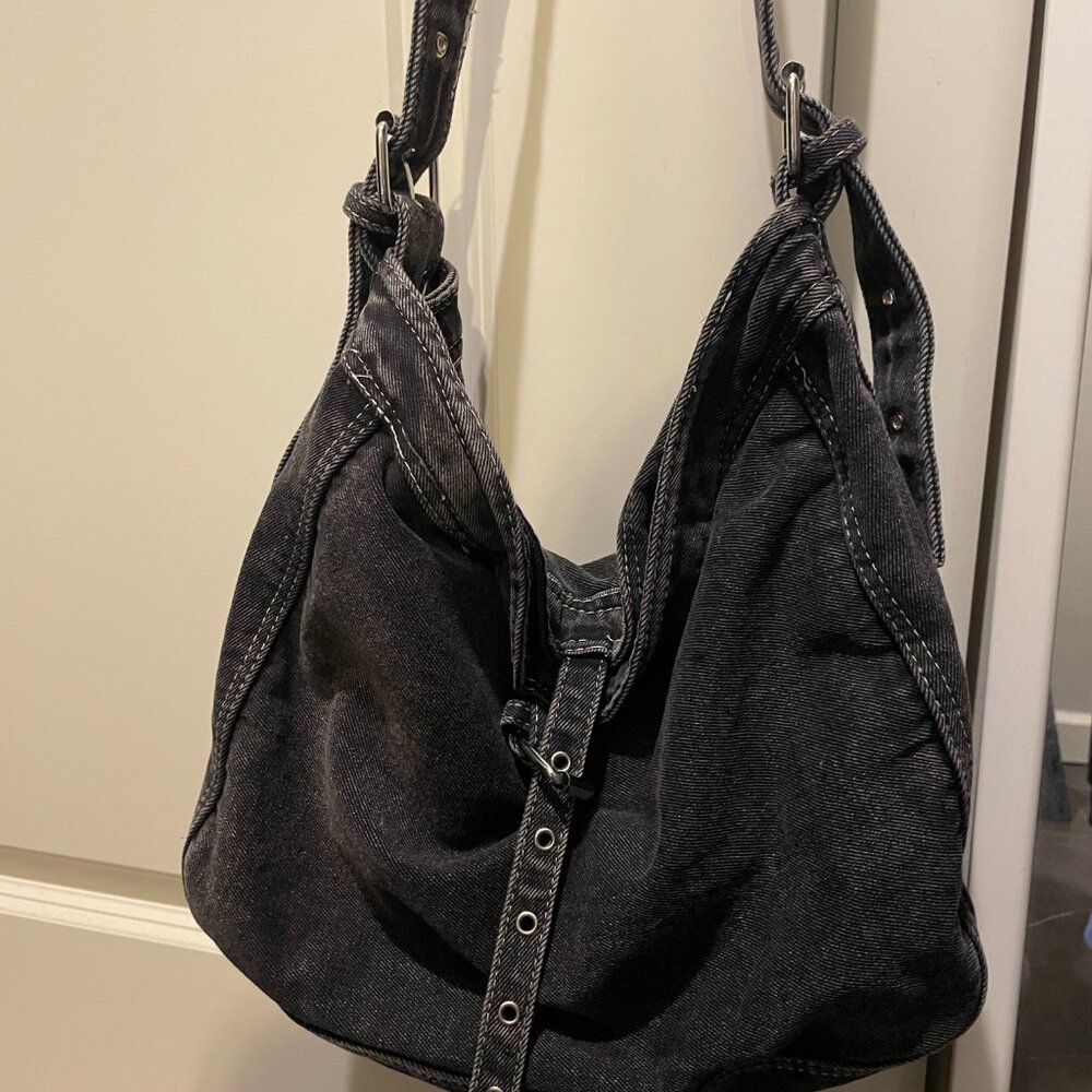 Dark grey denim shoulder bag